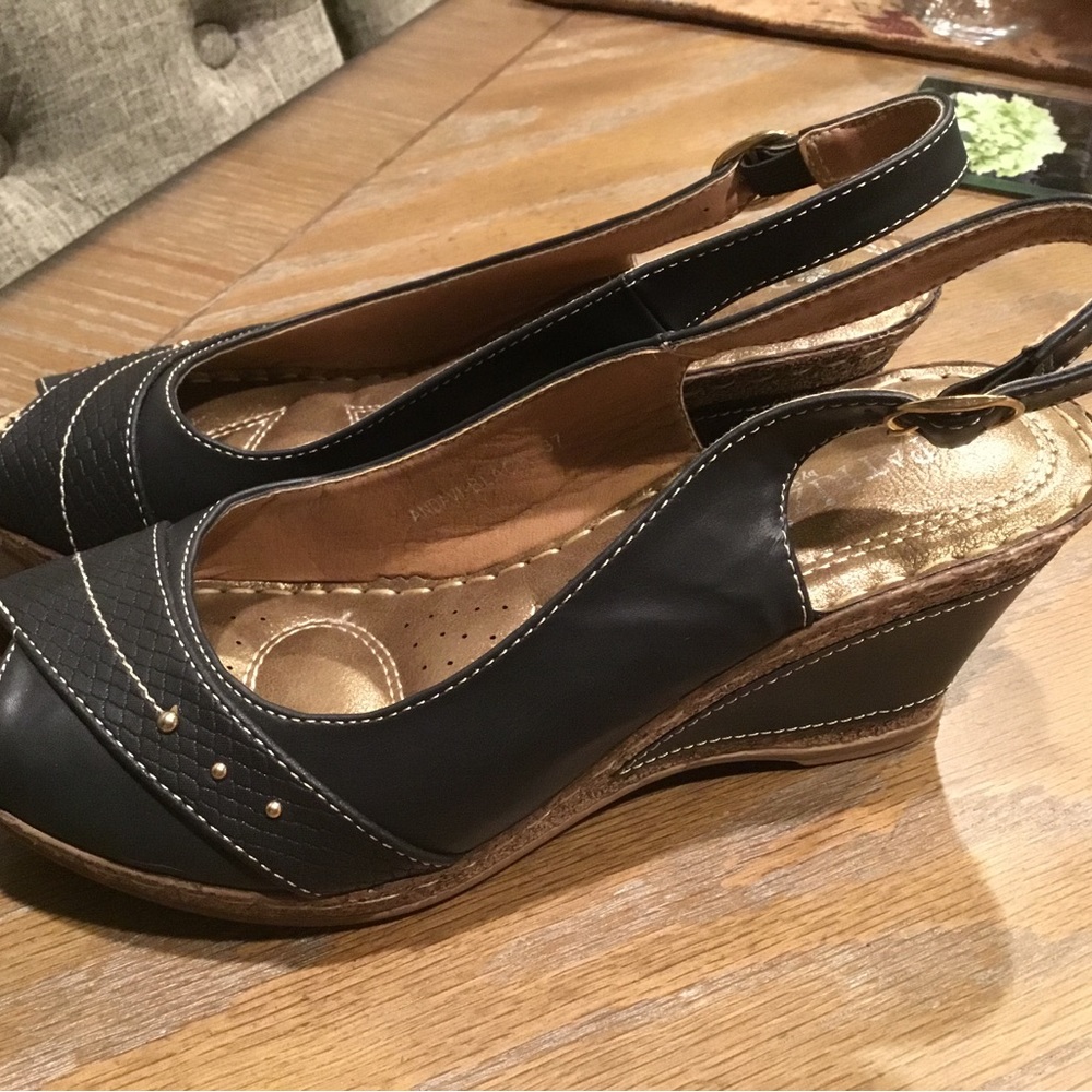 Black Sling Back Wedge Heels